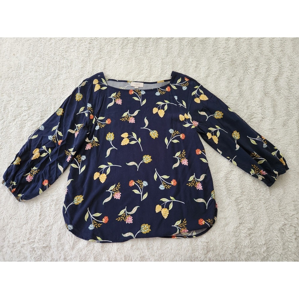 LOFT Outlet Floral Blouse Small Navy Blue Rayon‎ Balloon Sleeve Boho Top Women's